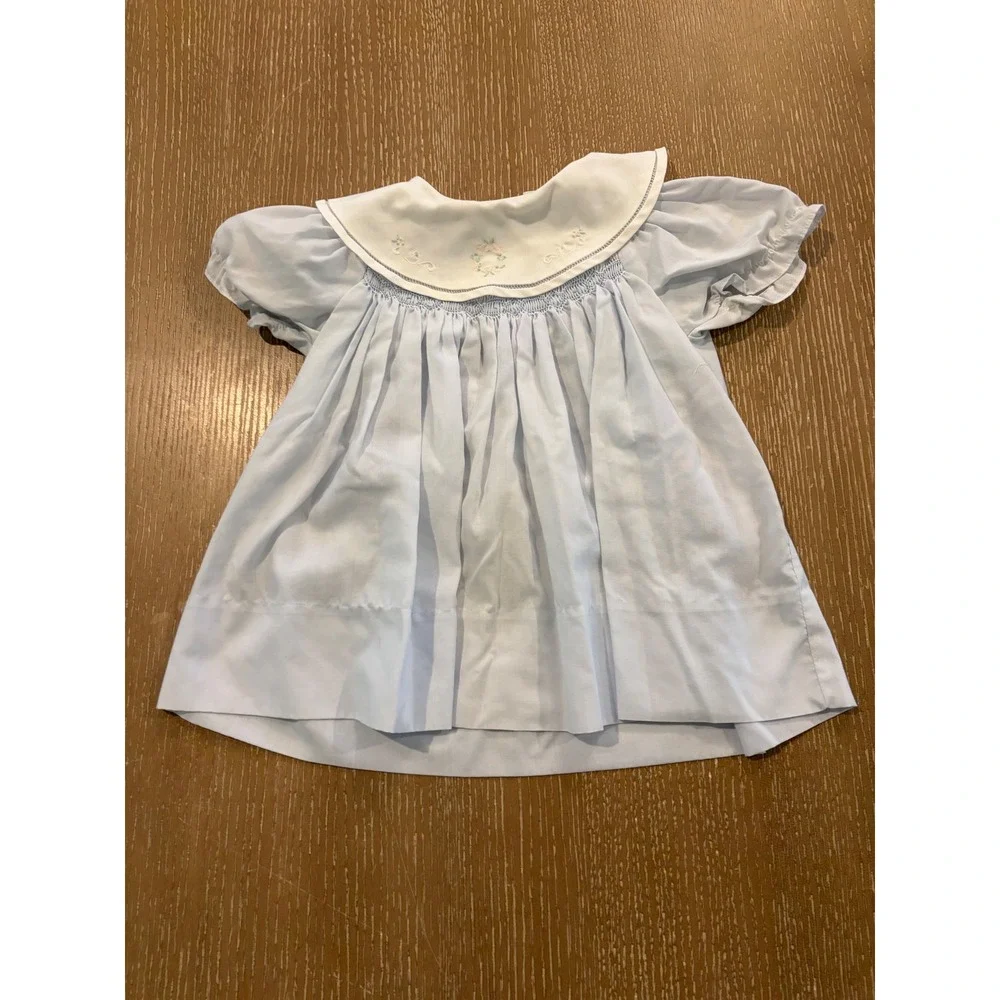 Vintage Petit Ami Baby Girls Blue Smocked Embroidered Dress Newborn 0-3 Months